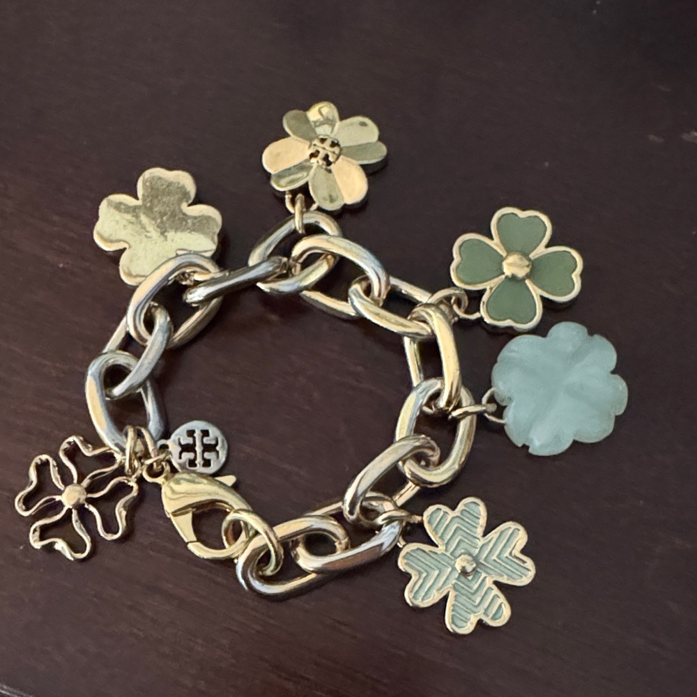 Tory Burch Gold and Green Floral Charm Bracelet